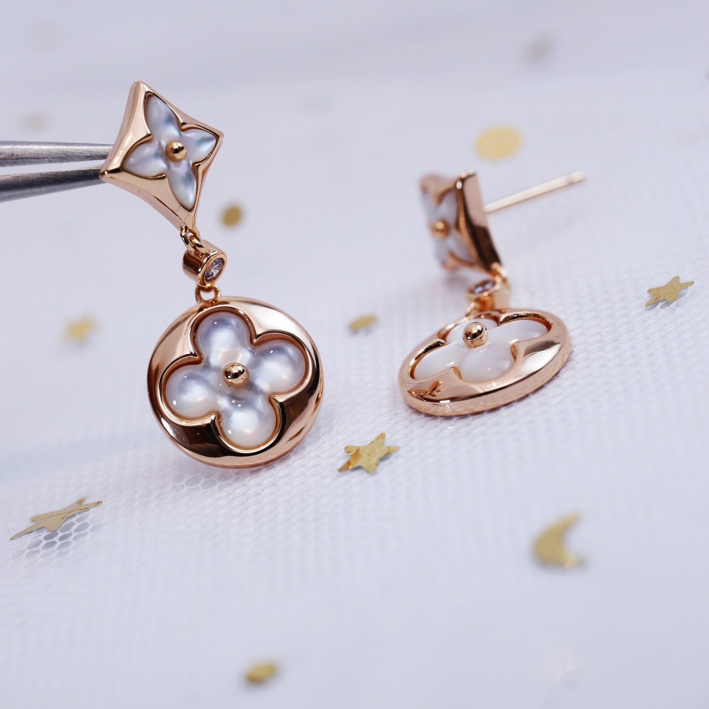 DIANA STAR AND SUN PINK GOLD MOP DROP EARRINGS