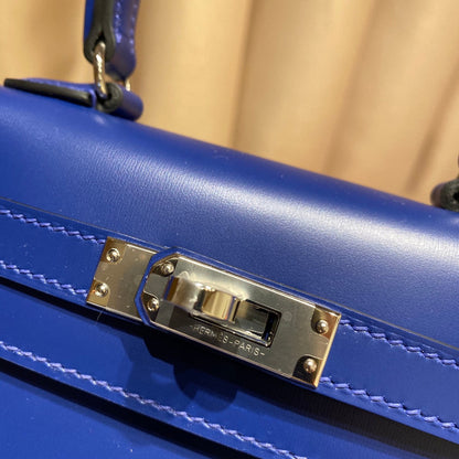 KELLY MINI 20 BAG IN NAVY BLUE SMOOTH CALFSKIN WITH SILVER HARDWARE (MADE - TO - ODER)