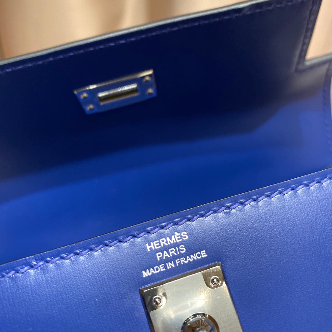 KELLY MINI 20 BAG IN NAVY BLUE SMOOTH CALFSKIN WITH SILVER HARDWARE (MADE - TO - ODER)
