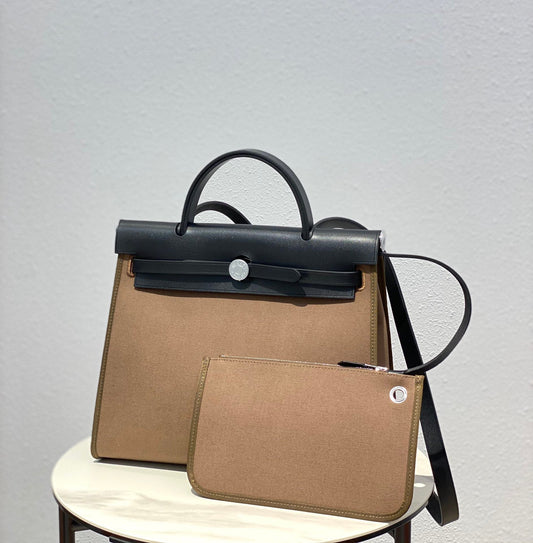 Herbag 31 Toile Brown Canvas Black Cowhide Leather