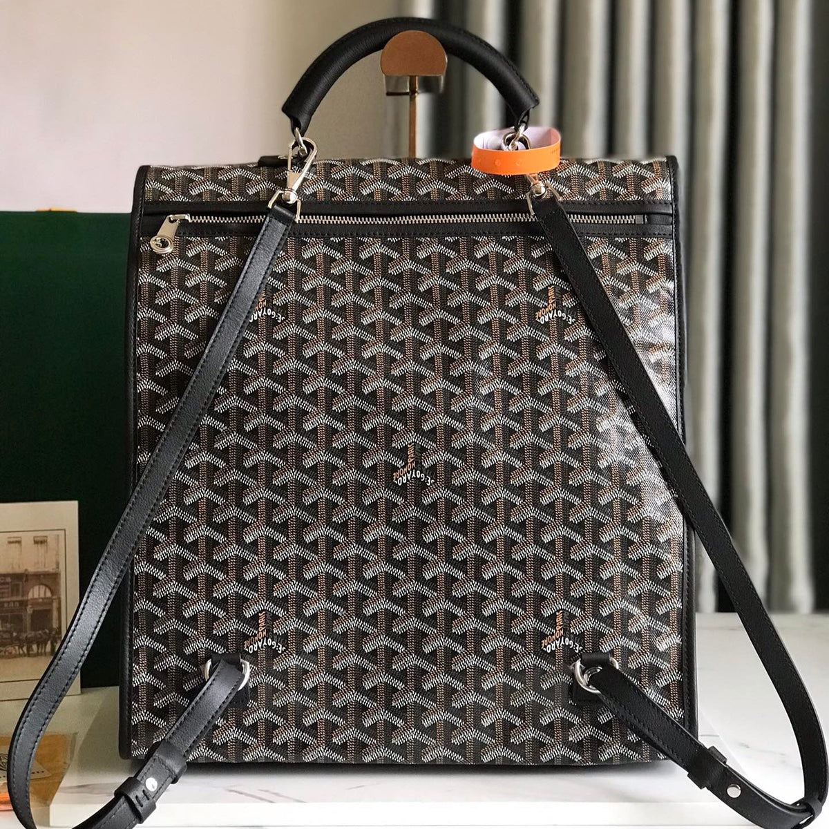 SAINT L¨¦GER BACKPACK 35 IN BROWN MIX BALCK GOYARDINE CANVAS AND CALFSKIN WITH CARTOON PATCH