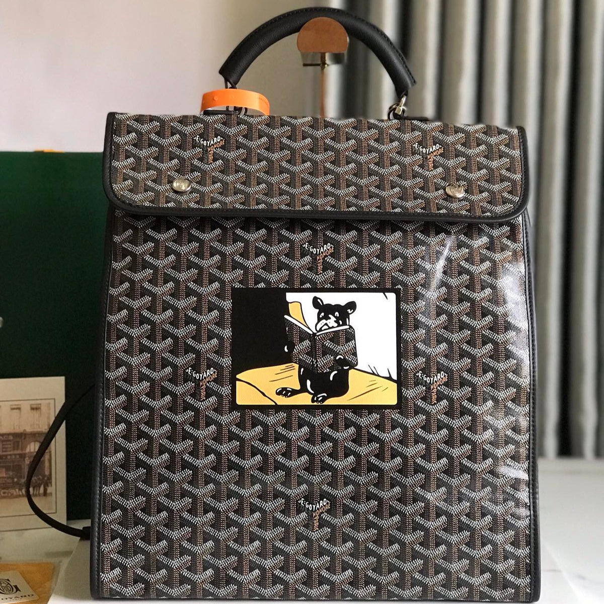 SAINT L¨¦GER BACKPACK 35 IN BROWN MIX BALCK GOYARDINE CANVAS AND CALFSKIN WITH CARTOON PATCH