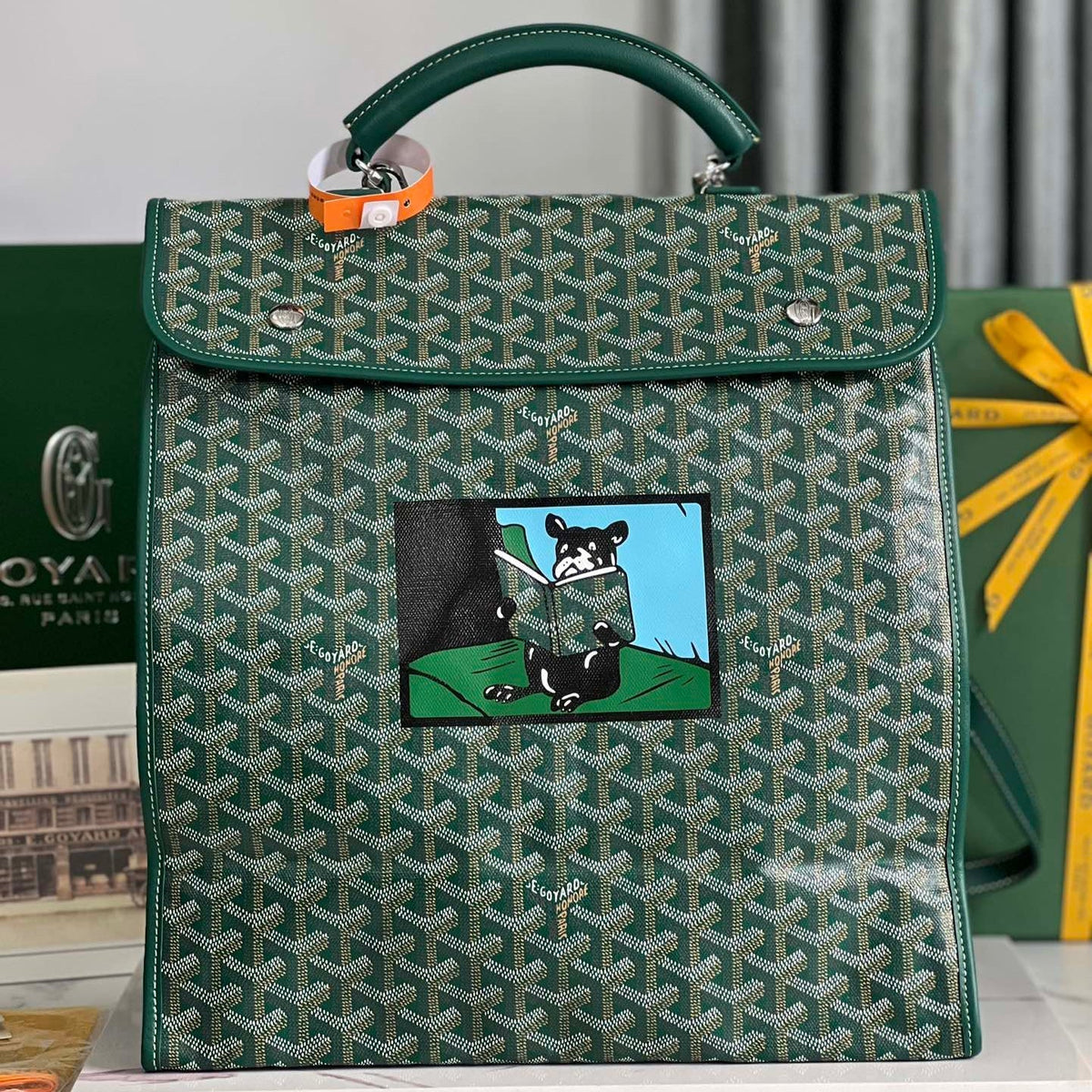 SAINT L¨¦GER BACKPACK 35 IN GREEN GOYARDINE CANVAS AND CALFSKIN WITH CARTOON PATCH