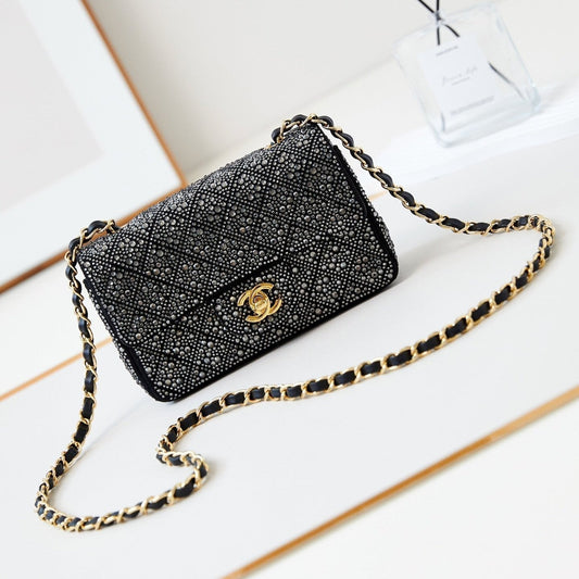 24b mini flap bag  20cm black lambskin silver diamond