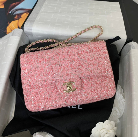 25C Flap Bag 20cm Pink Polka Dot Silver Sequin Calfskin