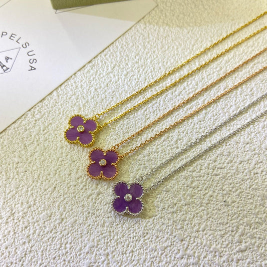 CLOVER 15MM DIAMOND  PURPLE VIOLET NECKLACE