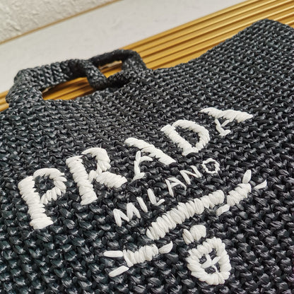 crochet tote bag 40cm black raffia