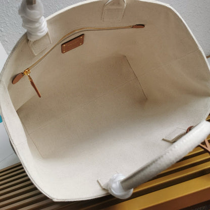 Prada Whitte Canvas shopping bag leather trim