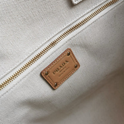 Prada Whitte Canvas shopping bag leather trim