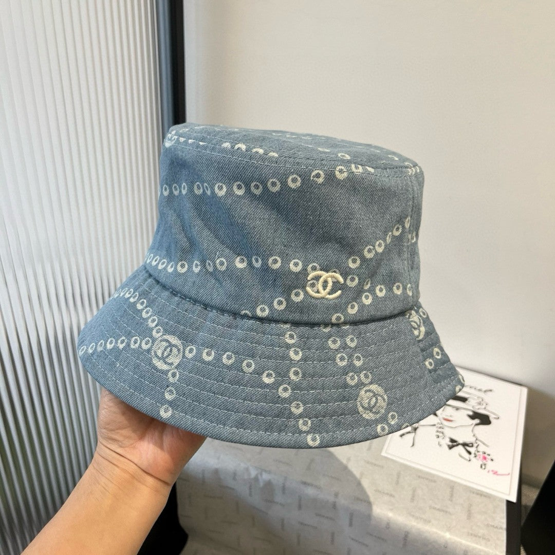 CC Hat Printed Faded Denim Blue and White