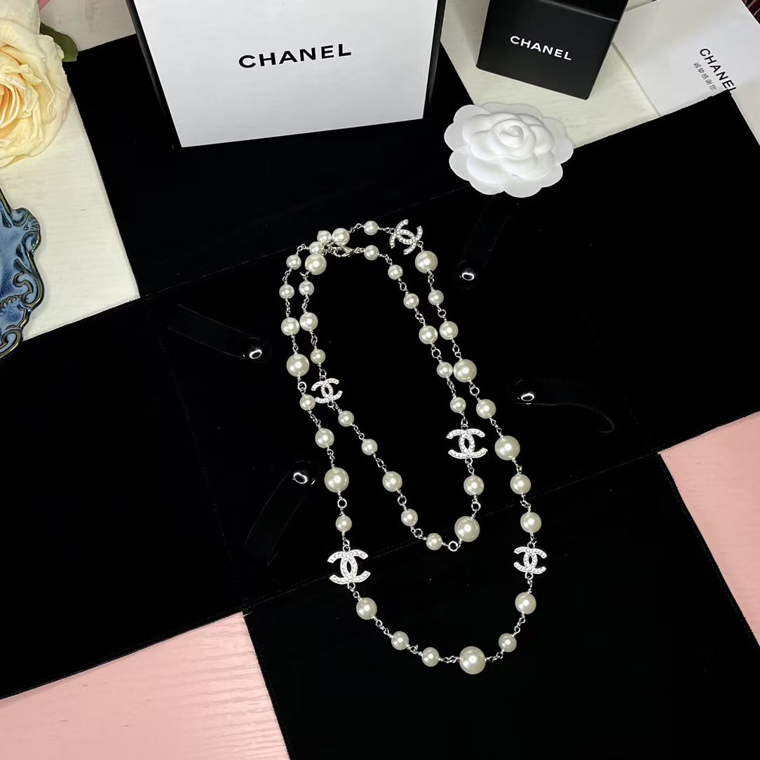 CC Pearl Silver Hardware Long Necklace 65cm with Crystals