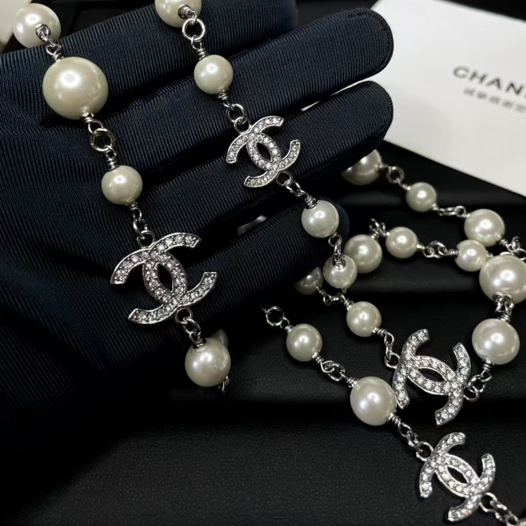 CC Pearl Silver Hardware Long Necklace 65cm with Crystals