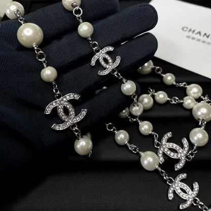 CC Pearl Silver Hardware Long Necklace 65cm with Crystals