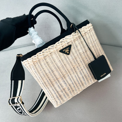 pra medium 26cm black wicker and linen blend tote bag