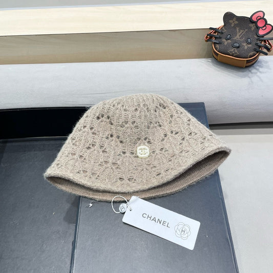 BUCKET HAT KHAKI BROWN KNITTED FABRIC WITH RABBIT FUR 428091