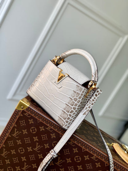 CAPUCINES MINI 21 WHITE GREY CROCODILE EMBOSSED CALFSKIN GOLD HARDWARE