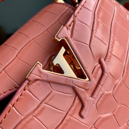 CAPUCINES MINI 21 PINK ORANGE CROCODILE EMBOSSED CALFSKIN GOLD HARDWARE