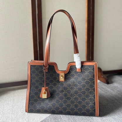 CABAS 37 IN BLACK TRIOMPHE CANVAS AND BRONZE BROWN CALFSKIN TRIM GOLD LOCK