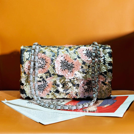 24S Flap Bag 25.5cm Multicolor Sequin Pink Flower Pearl Caflskin