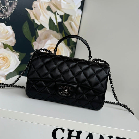 24c mini flap bag 20cm with top handle all black calfskin