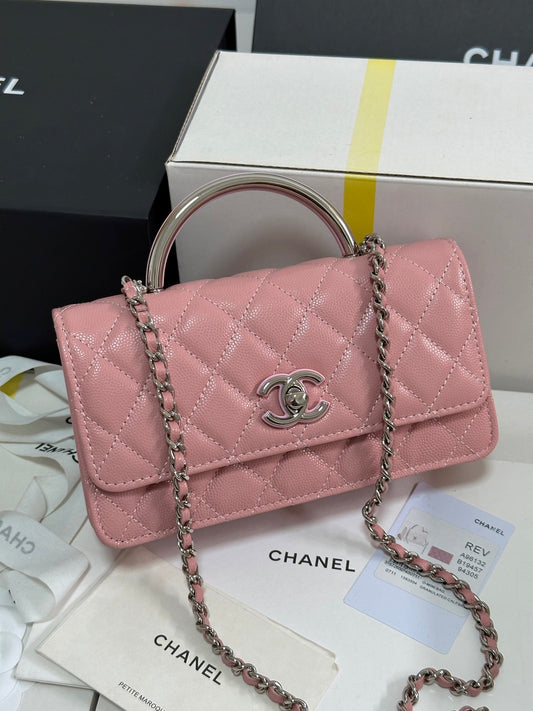 CC 25P Wallet Woc Handle 17cm Pink Pastel Leather Silver Hardware 243439