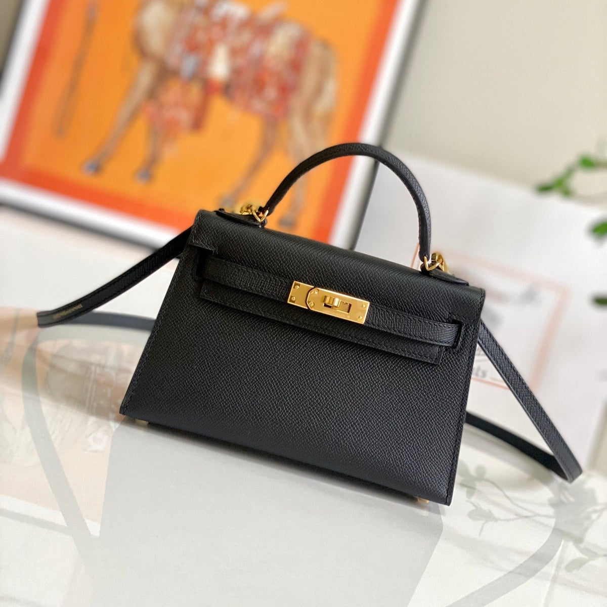 HM Mini Kelly 19cm Black Epsom Gold Hardware