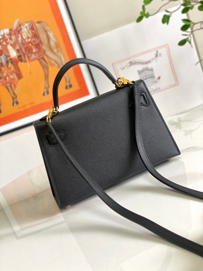 HM Mini Kelly 19cm Black Epsom Gold Hardware