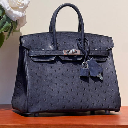 KELLY SELLIER 25 BAG IN SPACE BLUE OSTRICH LEATHER WITH SILVER HARDWARE (MADE - TO - ODER)