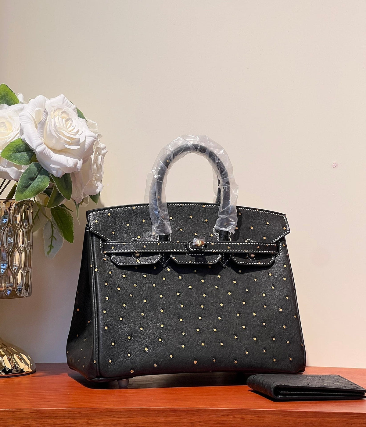 KELLY SELLIER 25 BAG IN BLACK OSTRICH LEATHER WITH GOLD RHINSTONES (MADE - TO - ODER)