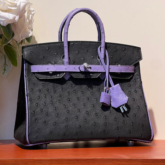 KELLY SELLIER 25 BAG IN BLACK MIX AMETHYST PURPLE OSTRICH LEATHER (MADE - TO - ODER)