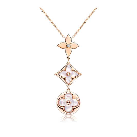 DIANA COLOR BLOSSOM LARIAT NECKLACE PINK GOLD WHITE MOTHER PEARL AND DIAMOND