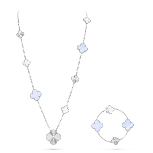 DETACHABLE CLOVER 15(11+4) FLOWER SILVER NECKLACE SET